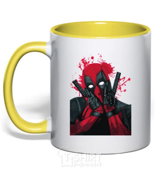 Mug with a colored handle Deadpool grimaces yellow фото
