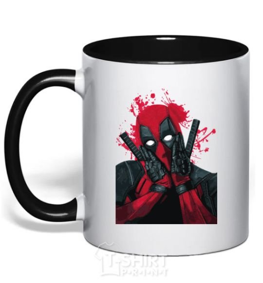 Mug with a colored handle Deadpool grimaces black фото