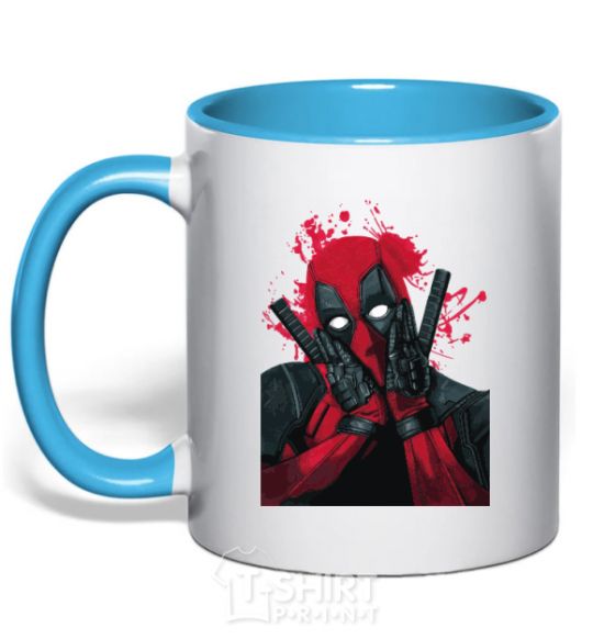 Mug with a colored handle Deadpool grimaces sky-blue фото