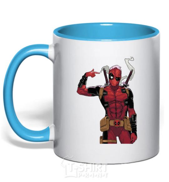 Mug with a colored handle Deadpool's arm sky-blue фото