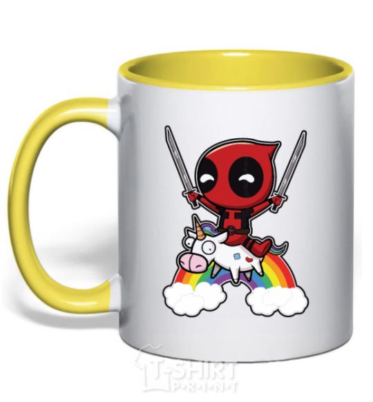 Mug with a colored handle Deadpool on a rainbow yellow фото