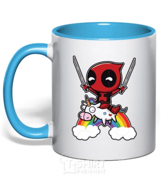 Mug with a colored handle Deadpool on a rainbow sky-blue фото