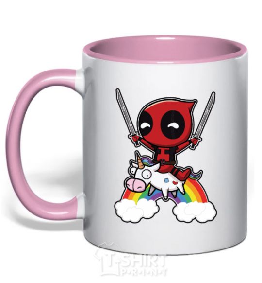 Mug with a colored handle Deadpool on a rainbow light-pink фото