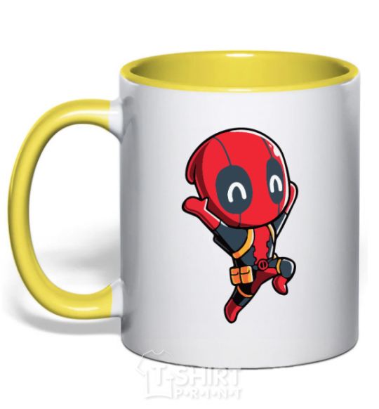 Mug with a colored handle Happy deadpool yellow фото