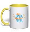 Mug with a colored handle Life is amazing when you are young yellow фото