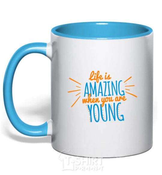 Mug with a colored handle Life is amazing when you are young sky-blue фото