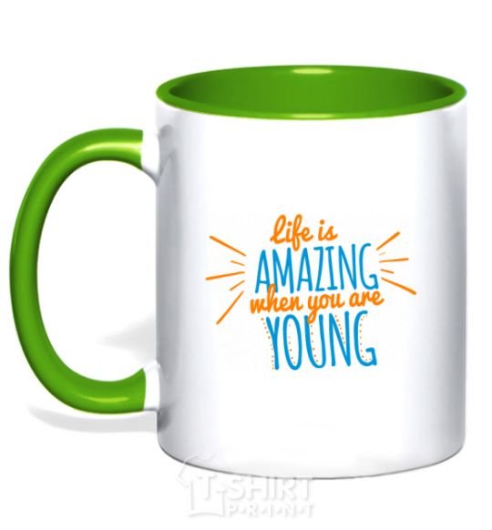 Mug with a colored handle Life is amazing when you are young kelly-green фото