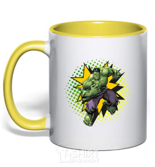 Mug with a colored handle Hulk explosion yellow фото