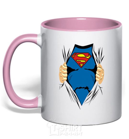 Mug with a colored handle Superman shirt light-pink фото