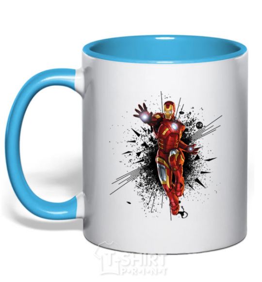 Mug with a colored handle The Iron Man explosion sky-blue фото