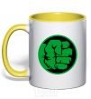 Mug with a colored handle Hulk logo yellow фото
