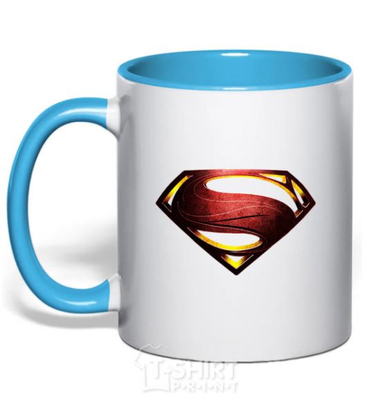 Mug with a colored handle Superman full color logo sky-blue фото