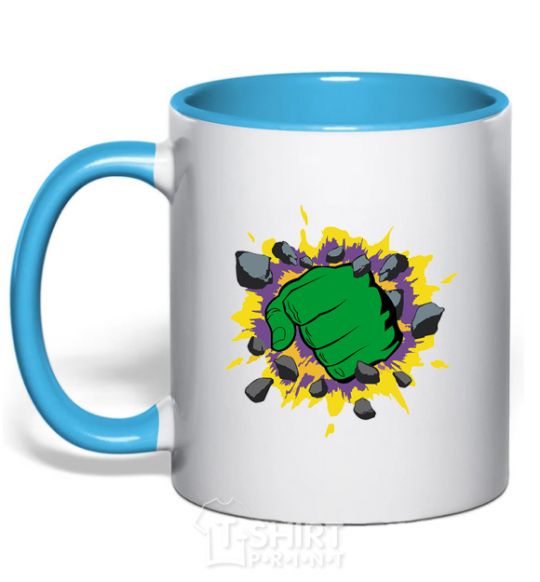 Mug with a colored handle Hulk smashing sky-blue фото