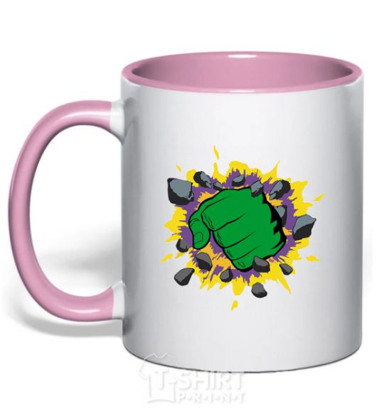 Mug with a colored handle Hulk smashing light-pink фото