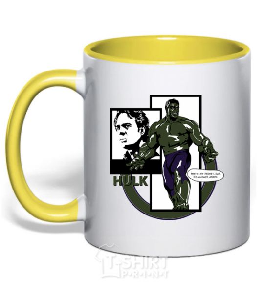 Mug with a colored handle Hulk superhero yellow фото