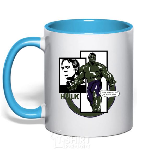 Mug with a colored handle Hulk superhero sky-blue фото