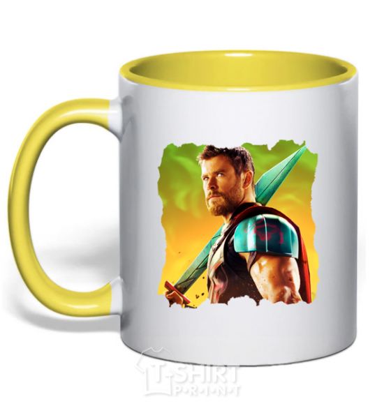 Mug with a colored handle Thor with a sword yellow фото