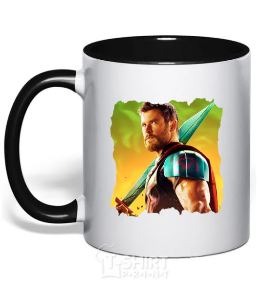 Mug with a colored handle Thor with a sword black фото