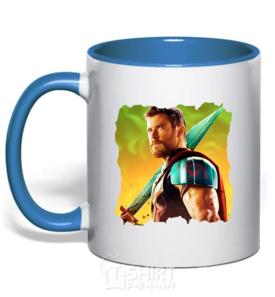 Mug with a colored handle Thor with a sword royal-blue фото