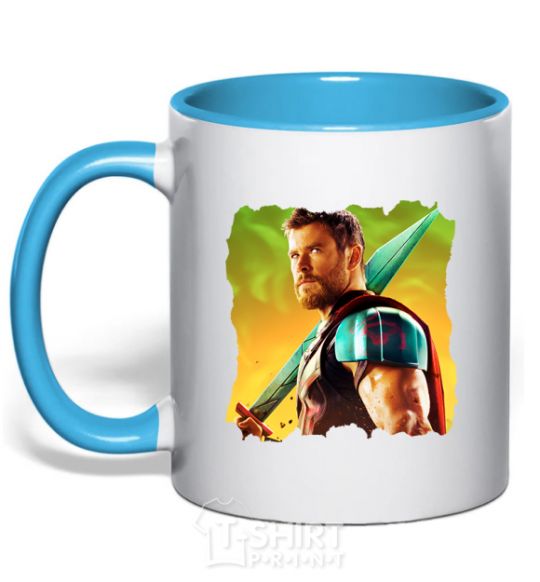 Mug with a colored handle Thor with a sword sky-blue фото