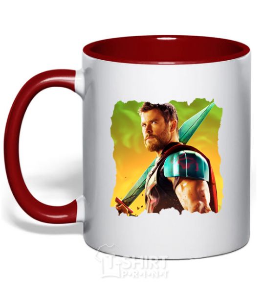Mug with a colored handle Thor with a sword red фото