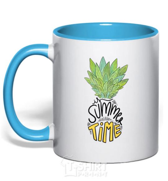 Mug with a colored handle Pineapple is summer time sky-blue фото