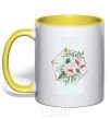 Mug with a colored handle Unique flowers yellow фото