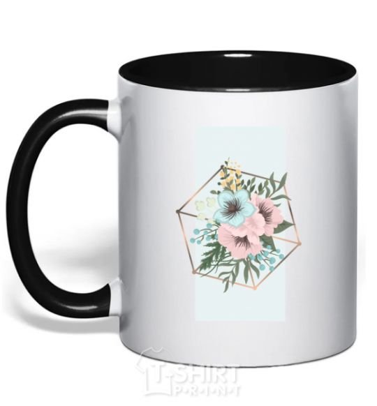 Mug with a colored handle Unique flowers black фото