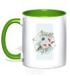 Mug with a colored handle Unique flowers kelly-green фото