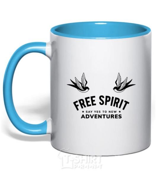 Mug with a colored handle Free spirit sky-blue фото