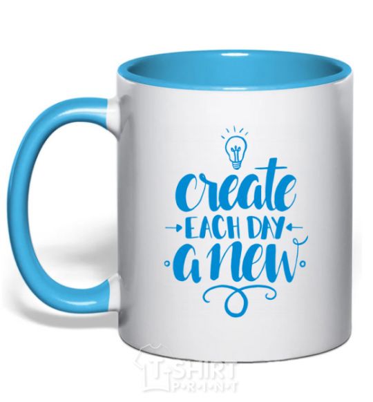 Mug with a colored handle Create each day a new sky-blue фото