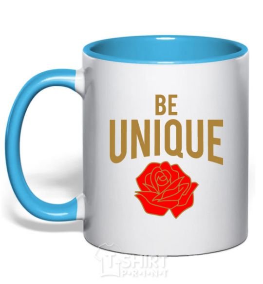 Mug with a colored handle Be unique sky-blue фото