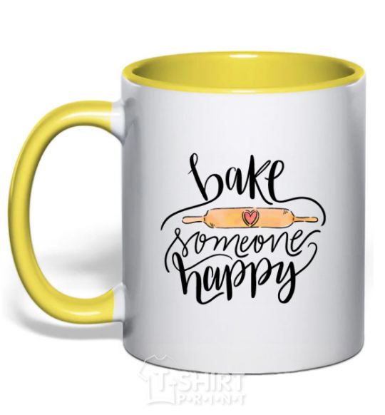 Mug with a colored handle Bake someone happy yellow фото