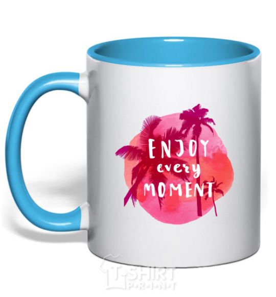 Mug with a colored handle Enjoy every moment summer sky-blue фото