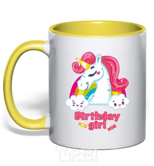 Mug with a colored handle Unicorn birthday girl yellow фото