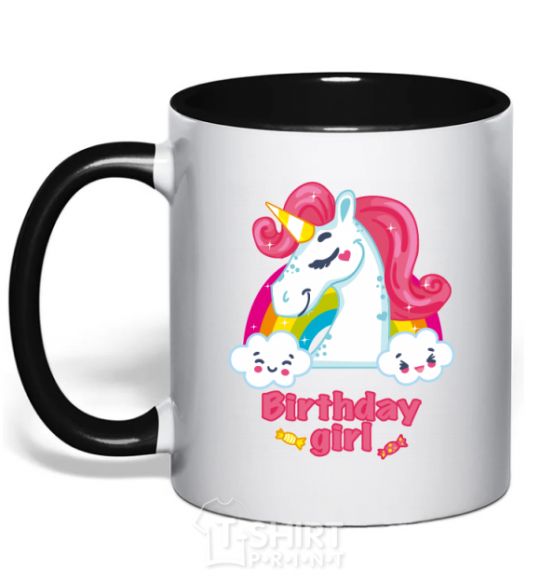 Mug with a colored handle Unicorn birthday girl black фото