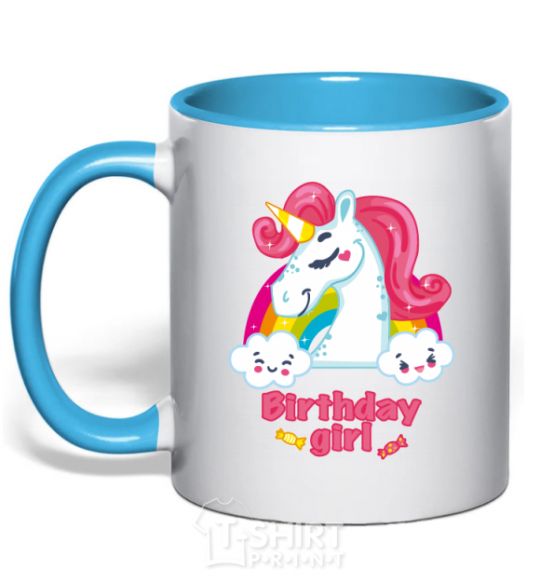 Mug with a colored handle Unicorn birthday girl sky-blue фото