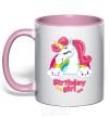 Mug with a colored handle Unicorn birthday girl light-pink фото