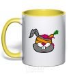 Mug with a colored handle A rabbit with a carrot in its head yellow фото