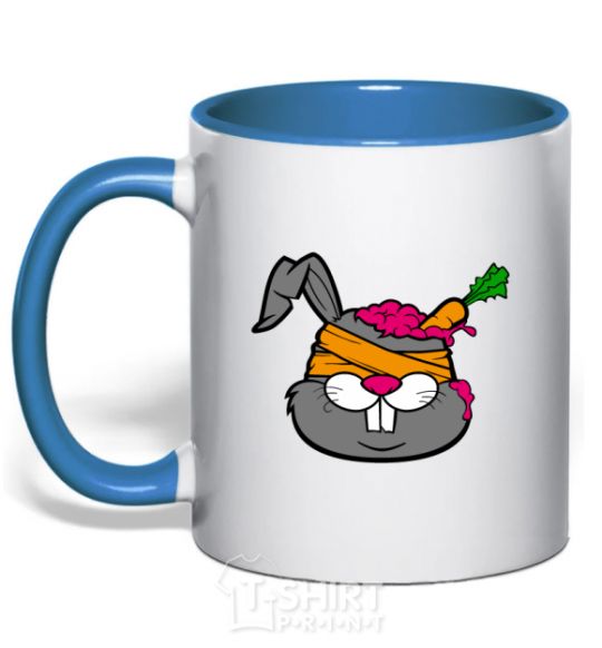 Mug with a colored handle A rabbit with a carrot in its head royal-blue фото