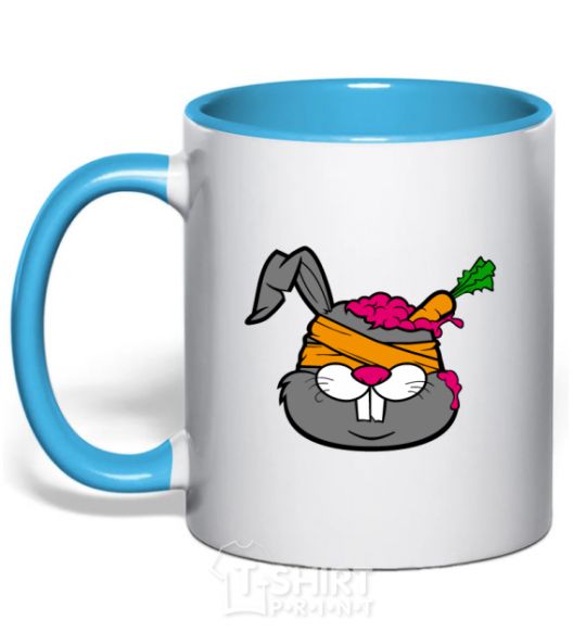 Mug with a colored handle A rabbit with a carrot in its head sky-blue фото