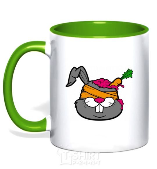 Mug with a colored handle A rabbit with a carrot in its head kelly-green фото