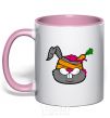 Mug with a colored handle A rabbit with a carrot in its head light-pink фото