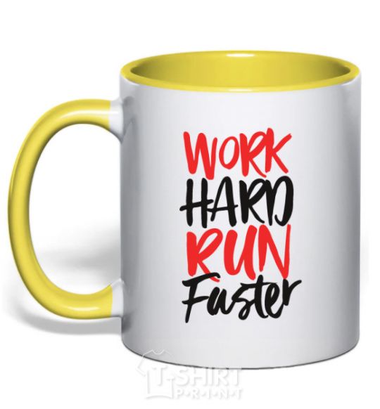 Mug with a colored handle Work hard run fuster yellow фото