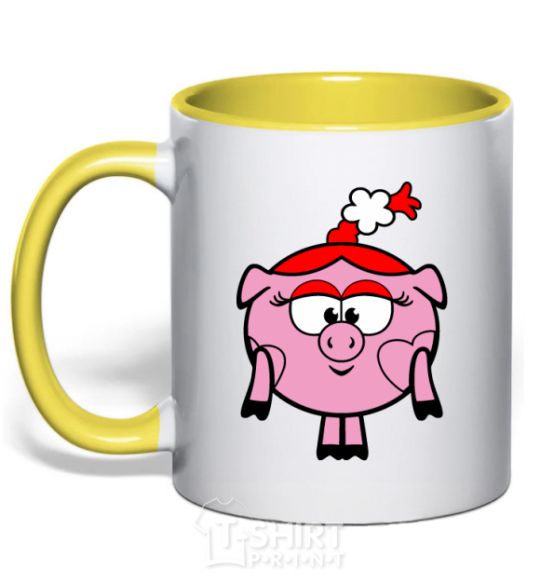 Mug with a colored handle Nyusha the pig yellow фото