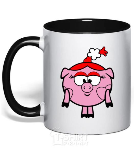 Mug with a colored handle Nyusha the pig black фото