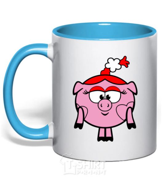 Mug with a colored handle Nyusha the pig sky-blue фото