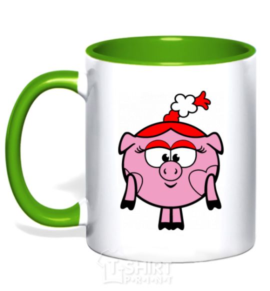 Mug with a colored handle Nyusha the pig kelly-green фото