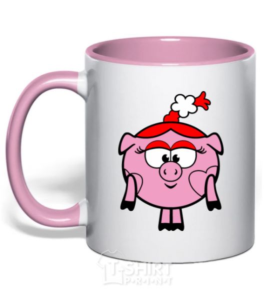 Mug with a colored handle Nyusha the pig light-pink фото