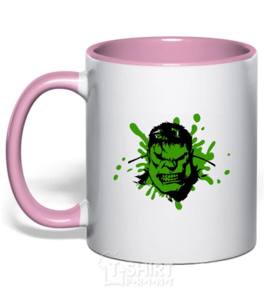 Mug with a colored handle Angry Hulk green light-pink фото